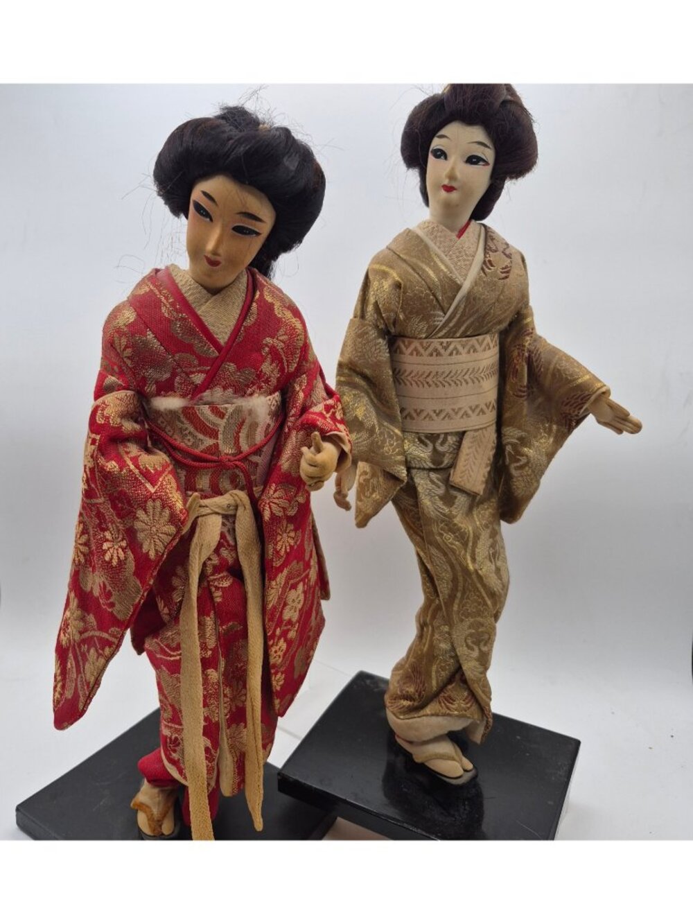 Nishi Japanese Dolls – Traditional Kimono Pair on Display Bases Vintage